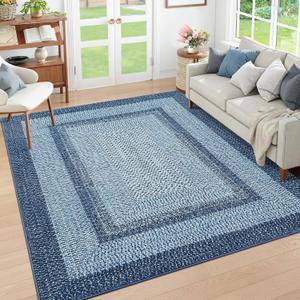 RUGSREAL Washable Rug 5x7 Boho Accent Carpet Modern Geometric Floor Carpet Indoor Throw Floor Cover Braided Print Rug Low Pile Non Slip Farmhouse Rustic Bohemian Carpet for Living Room Bedroom, Blue RUGSREAL Washable Rug 5x7 Boho Accent Carpet Modern Geometric Floor Carpet Indoor Throw Floor Cover Braided Print Rug Low Pile Non Slip Farmhouse Rustic Bohemian Carpet for Living Room Bedroom, Blue