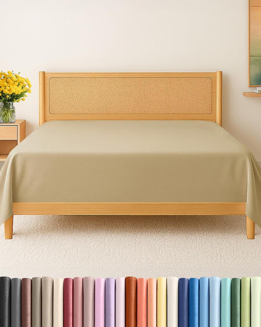 Twin XL Size Flat Sheet - Hotel Quality Top Flat Bed Sheet Only - Ultra-Soft, Breathable & Cooling - Fade & Wrinkle Free - Easy-Care, Stain & Shrink Resistant Bedding - Easy-Fit and Oeko-Tex - Beige