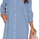Womens Button Down Shirt Dresses with Pockets Cotton Button Up Tunics Long Sleeve Solid Color High Low Blouse Tops, XL