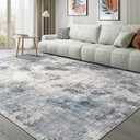 Abstract 9x12 Area Rug: Machine Washable Non Slip Ultra Thin Low-Pile Carpet, Soft Stain Resistant for Living Dining Room Bedroom, Kid Pet Friendly, Robot Vacuum Compatible - Grey Blue