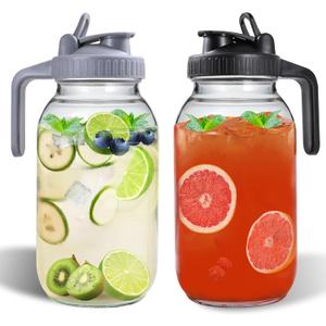 64oz Glass Pitchers with Lid and Spout, 2 Quart Mason Jar Pitchers, Wide Mouth Jar Leak-proof Water Jug for Water, Juice, Milk, Tea, Iced Coffee, and Drinks, 2 Packs. (Grey & Black)