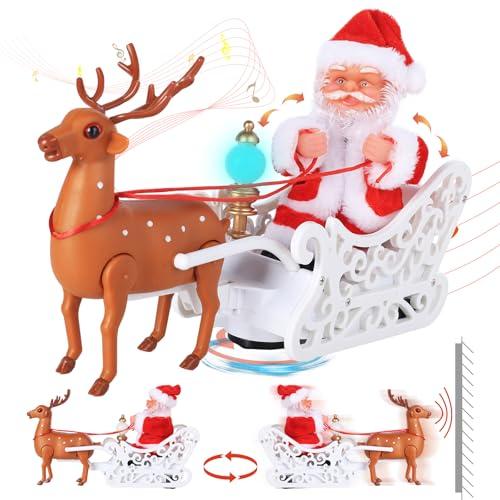 SdeNow Santa Sleigh and Reindeer Toy,Singing Dancing Jingle Bell Rock Santa Claus with Music Animated Musical Christmas Decorations Gift with LED for Kids