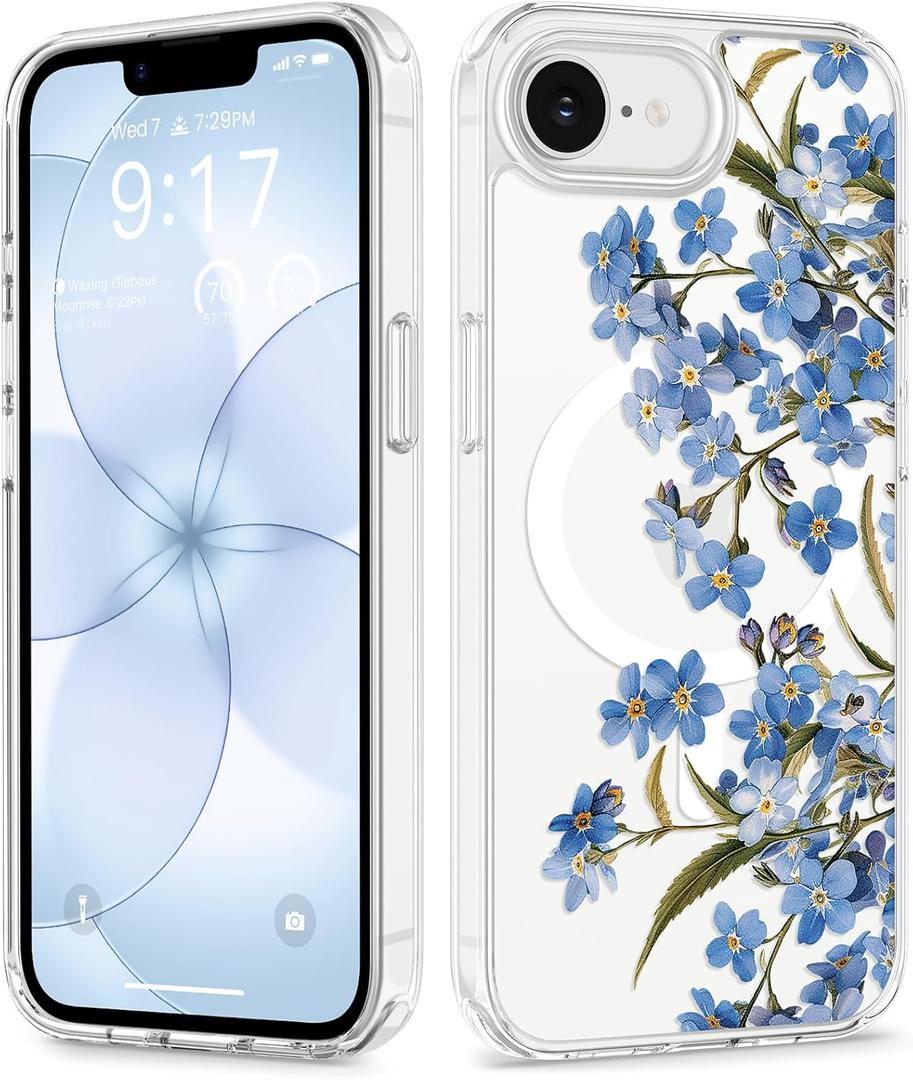GVIEWIN for iPhone 17e Case & iPhone 16e Case, Compatible with MagSafe [Non-Yellowing][Military-Grade Protection] Hard PC&TPU Bumper, Floral Shockproof Protective Clear Phone Case (Aconite/Blue)