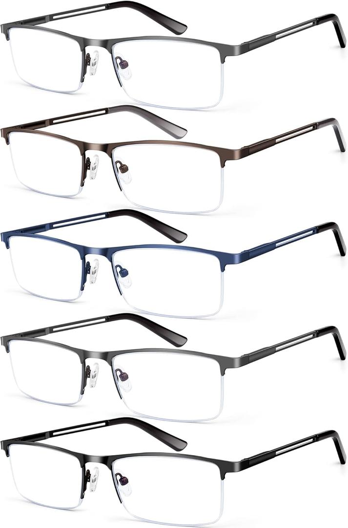 KONHAGO Blue Light Blocking Reading Glasses for Men, Half Frame Metal Readers Spring Hinge Eyeglasses Anti Eyestrain/Glare/UV (5 Pack Mix Color), 1.75
