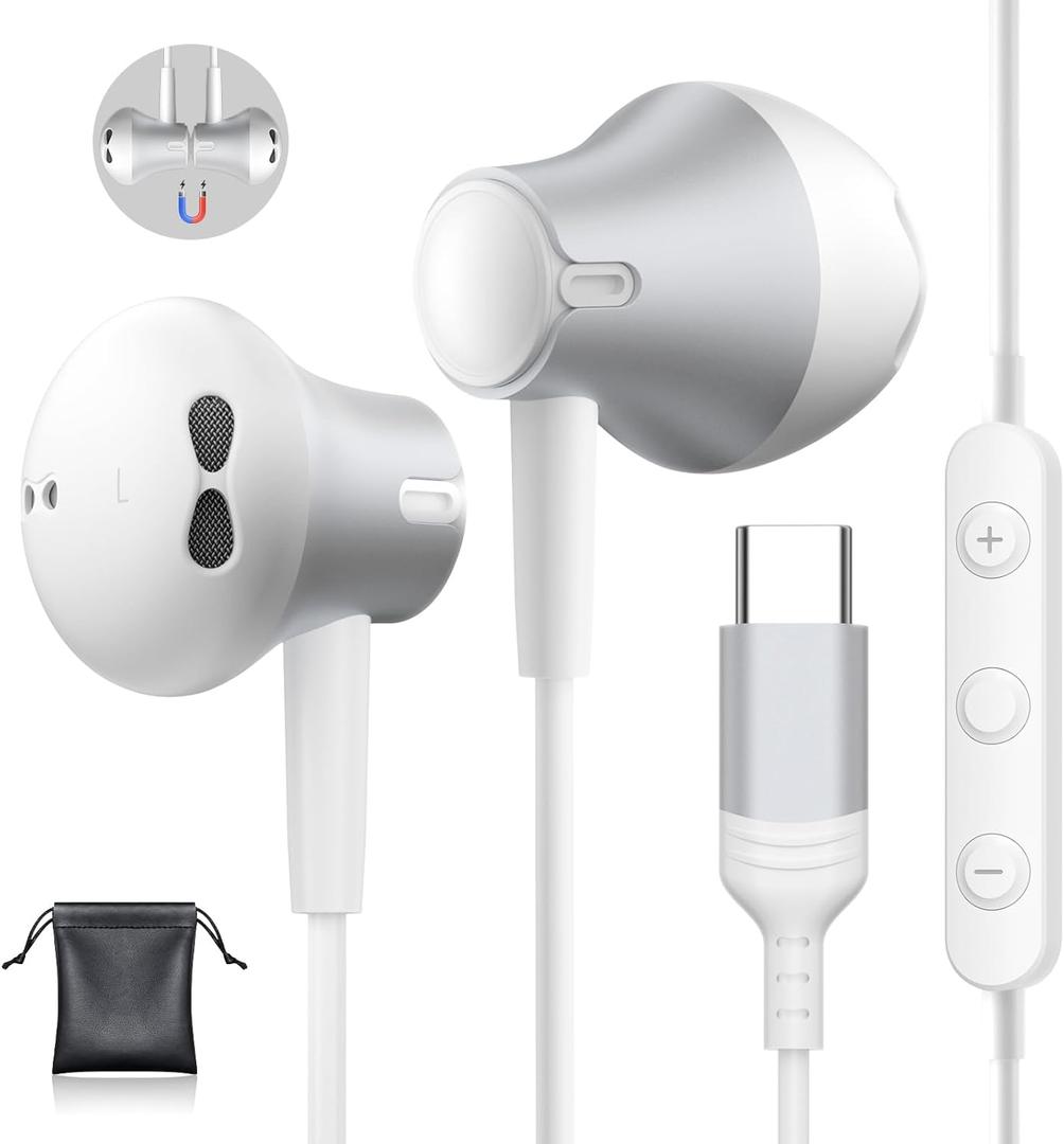 USB C Headphones for iPhone 17/17 Air/ 16/15 Pro Max with Mic Wired Earphones for Samsung Galaxy S25 S24 Ultra/ S23, Volume Control Stereo Noise Cancelling Wired Earbuds for Google Pixel 9 Pro 8a (White)