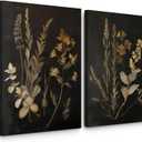 Vintage Floral Wall Art Decor Black Botanical Canvas Art Moody Flower Wall Art Dark Academia Poster Painting Vintage Floral Prints Pictures for Bedroom Living Room 24x36 Inch Frame; Set of 2
