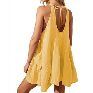 Yioaga Women Casual Summer Dresses Sleeveless Crew Neck Backless Tunic Mini Dress Loose Flowy Tank Sundress with Pocket(Yellow, S)