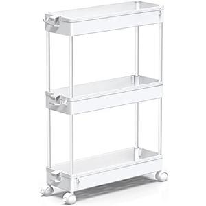 Slim Rolling Storage Cart, 3 Tier Bathroom Storage Organizer Laundry Room Utility Cart Mobile Shelving Unit, Multi-Purpose for Kitchen Office Bathroom Laundry Narrow Places, White