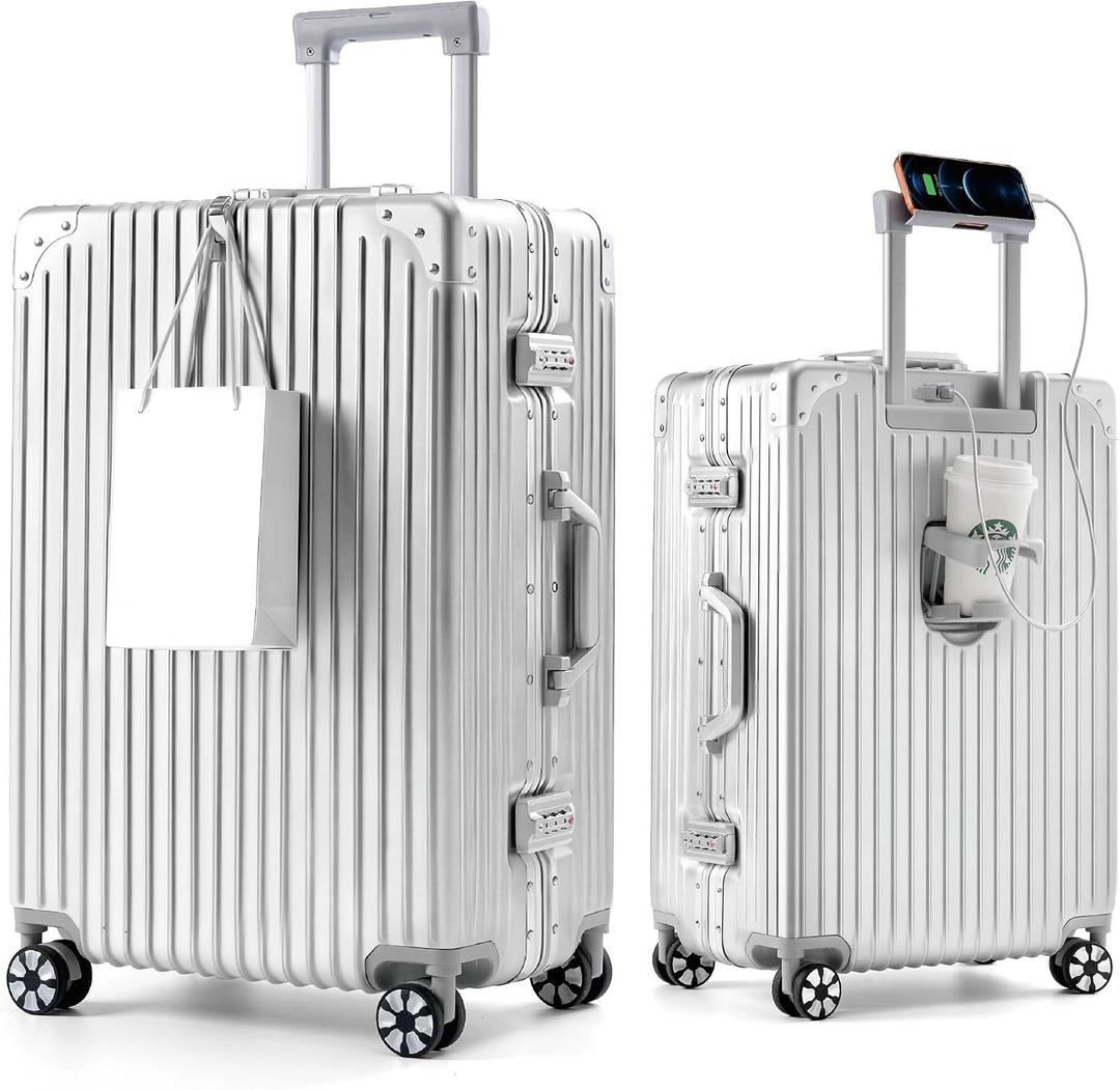 20-Inch Aluminum Frame Hardside Carry On Luggage, Metallic Silver | Zipperless PC suitcase, airline approved, dual TSA locks, cup holder, USB port, phone stand, bag hook, spinner wheels