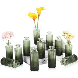 UPBUD Green Glass Bud Vases Set of 12, Mini Ribbed Flower Vase for Centerpieces, Small Glass Vases in Bulk for Wedding Decorations, Vintage Vase for Table, Housewarming Gift, Home Décor