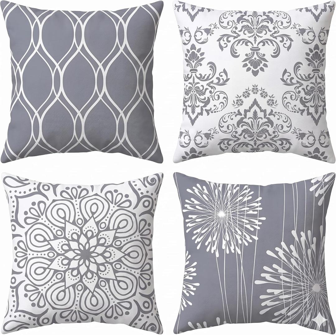 Decorative Throw Pillow Covers 18x18 Set of 4, Grey and White Modern Simple Square Pillow Case Cushion Cover for Sofa Couch Farmhouse Outdoor Living Room (Gray and White, 18" x18")