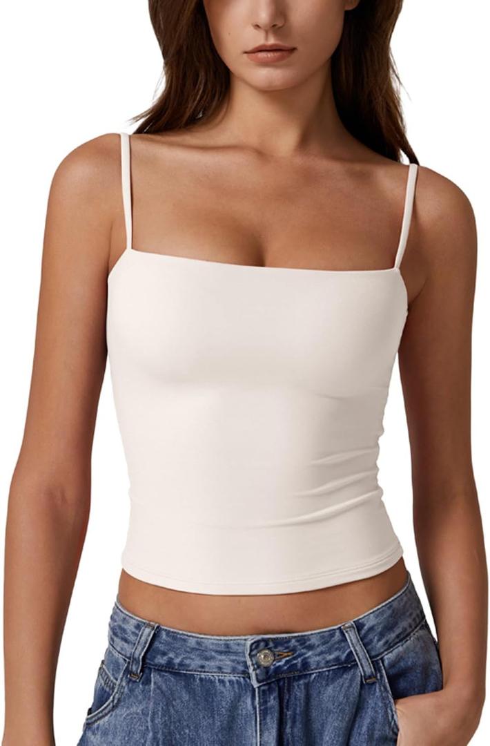 QINSEN Women's Double Lined Basic Tank Top Adjustable Spaghetti Straps Sleeveless Camisole Shirts Medium