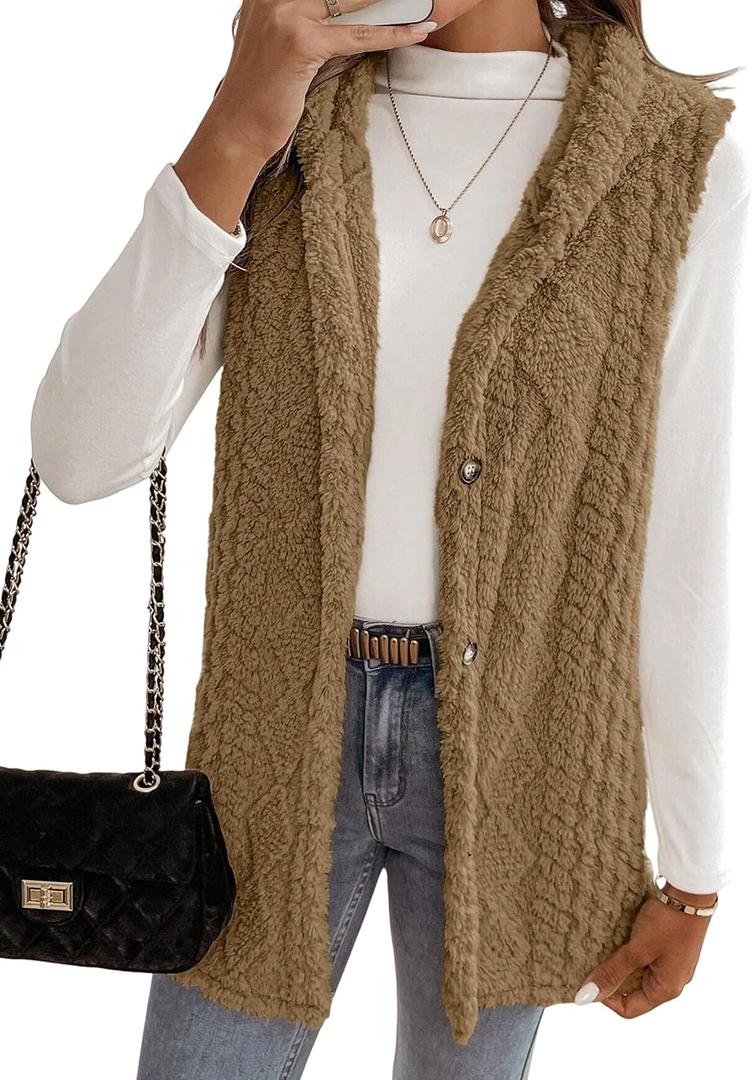 ZAFUL Long Vest for Women Sleeveless Button Down Plush Hooded Vest Winter Outerwear Vest Coat