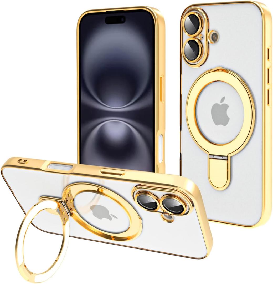 Tnarru Designed for iPhone 16 Case with Stand [Magnetic Ring Holder] [Built-in Camera Lens Protector] Slim Anti-Scratch Non-Yellowing for iPhone 16 Clear Case Gold