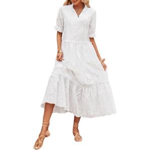 chouyatou Women's Summer Boho Embroidery Eyelet Dress V-Neck Collared Tiered Midi Tunic Dress (Large, White)