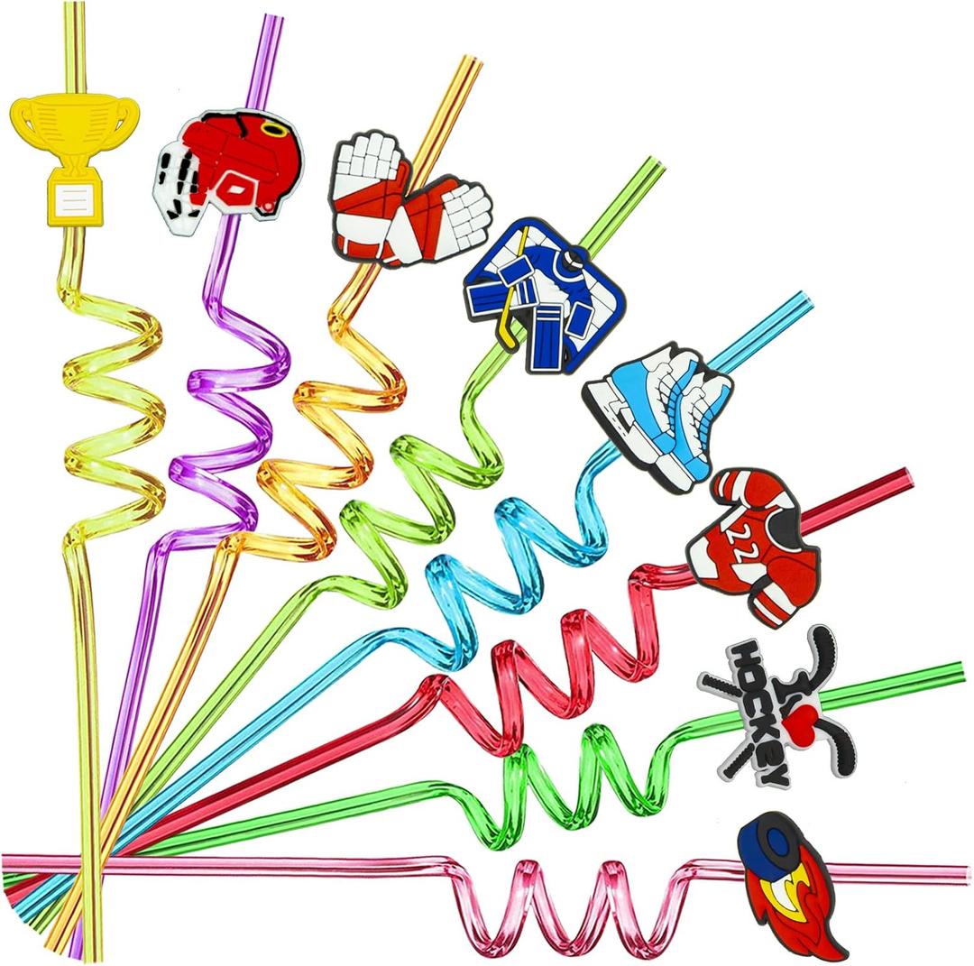 24 pcs Ice Hockey Theme Twisty Reusable Straws for Ice Hockey Sports Party Favors, Daily Drink Straws, Birthday Party, Class Reunion, Sports Hockey Party Supplies with 2 Cleaning Brush.8color