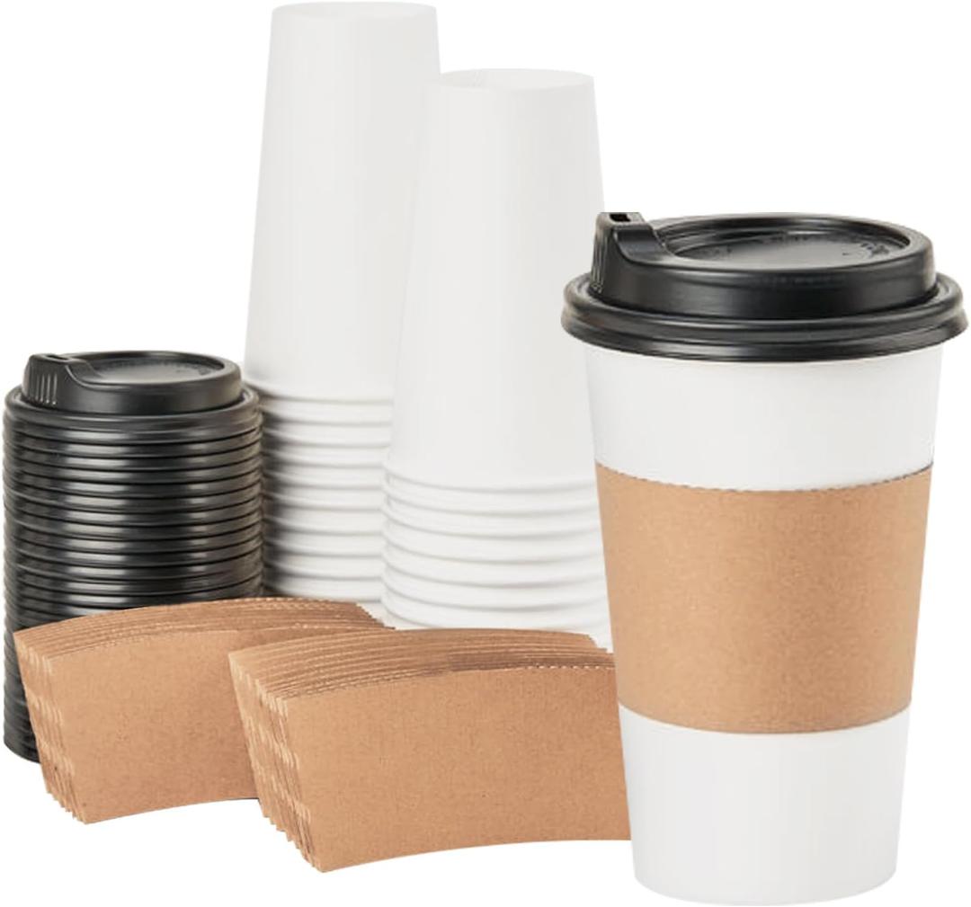 RACETOP Disposabe Coffee Cups with Lids and Sleeves 16 oz 50 Pack, Hot Paper Coffee Cups with Lids, To Go Cup with Lid, Ideal for To Go Coffee, Travel, Office, Home (White)