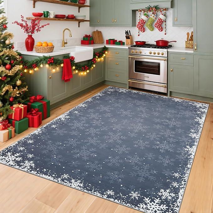 5x7 Christmas Area Rug for Bedroom Living Room Non Slip Xmas Snowflakes Large Indoor Area Rug for Holiday Washable Christmas Dining Room Throw Carpet Soft Bordered Rugs for Kitchen Nursery, Blue
