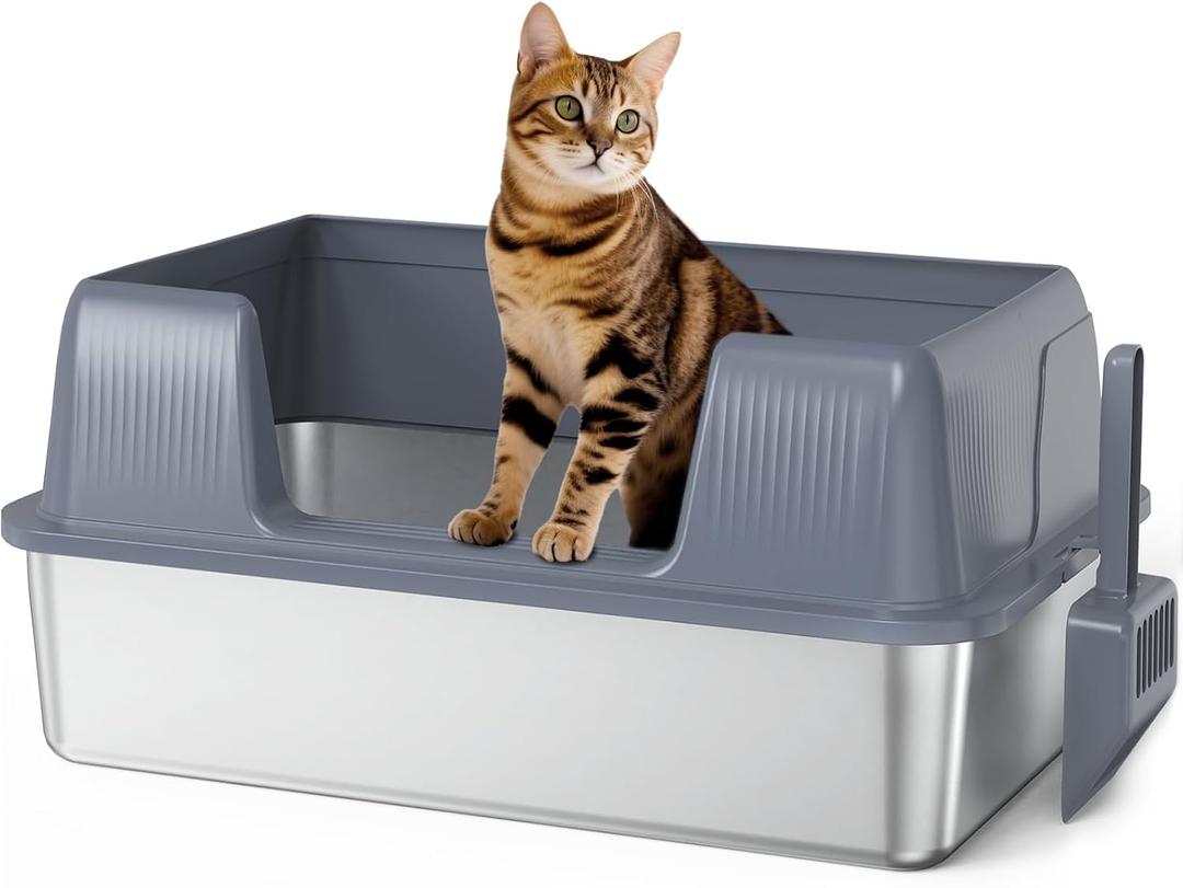 Vivifying Stainless Steel Cat Litter Box, XL Extra Large Semi-Enclosed Metal Pan with Side Entry, Scoop Included, Open Top Potty for Indoor Big Cats & Kitty, Easy to Clean & Odor Resistant (XL without step, Gray)