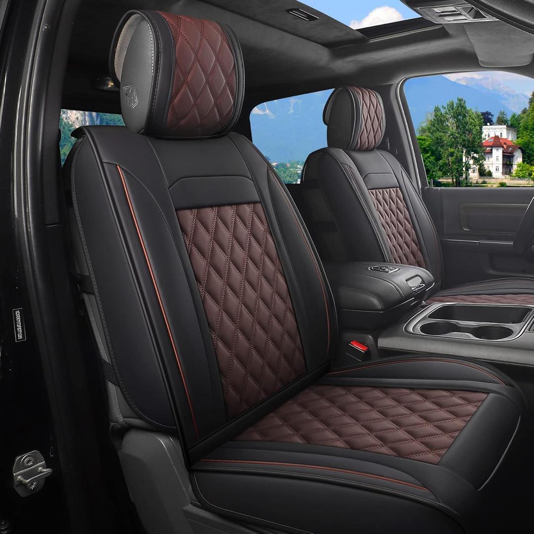 JOJOBAY Car Seat Covers for Dodge Ram,Fit 2009-2025 1500/2500/3500 HD Pick-up Truck,Crew,Regular,Quad,Mega Cab,Waterproof Synthetic Leather Seat Covers(5PCS-Full Set,Black-Brown)