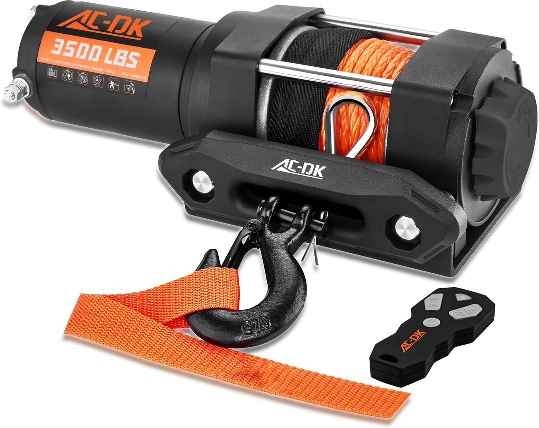 AC-DK 3500 lb ATV/UTV Winch Synthetic Rope Kits, 12V Winch with Wireless Remote for Off Road Trailer Boat RV Towing Winches, Winch with Mounting Plate and Wired Remote
