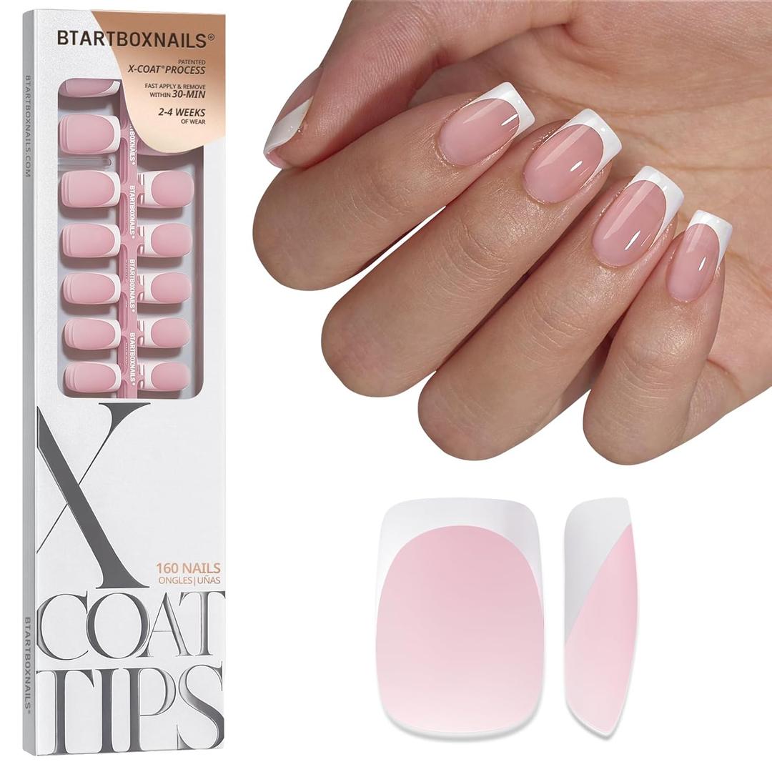 BTArtboxnails XCOATTIPS French Tip Nails - Short Press On Nails, 160 Pcs Pink Square Soft Gel Nail Tips Pre-applied Tip Primer & Base Coat, No Need File False Nails for Gift, 16 Sizes
