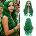 MAGQOO Green Wig for Women Girls Long Curly Wavy Emerald Green Wigs Middle Part Heat Resistant Hight Density Synthetic St.Patrick's Day