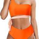 MOOSLOVER Women One Shoulder High Waisted Bikini Tie High Cut Two Piece Swimsuits (X-Large, Orange-17)