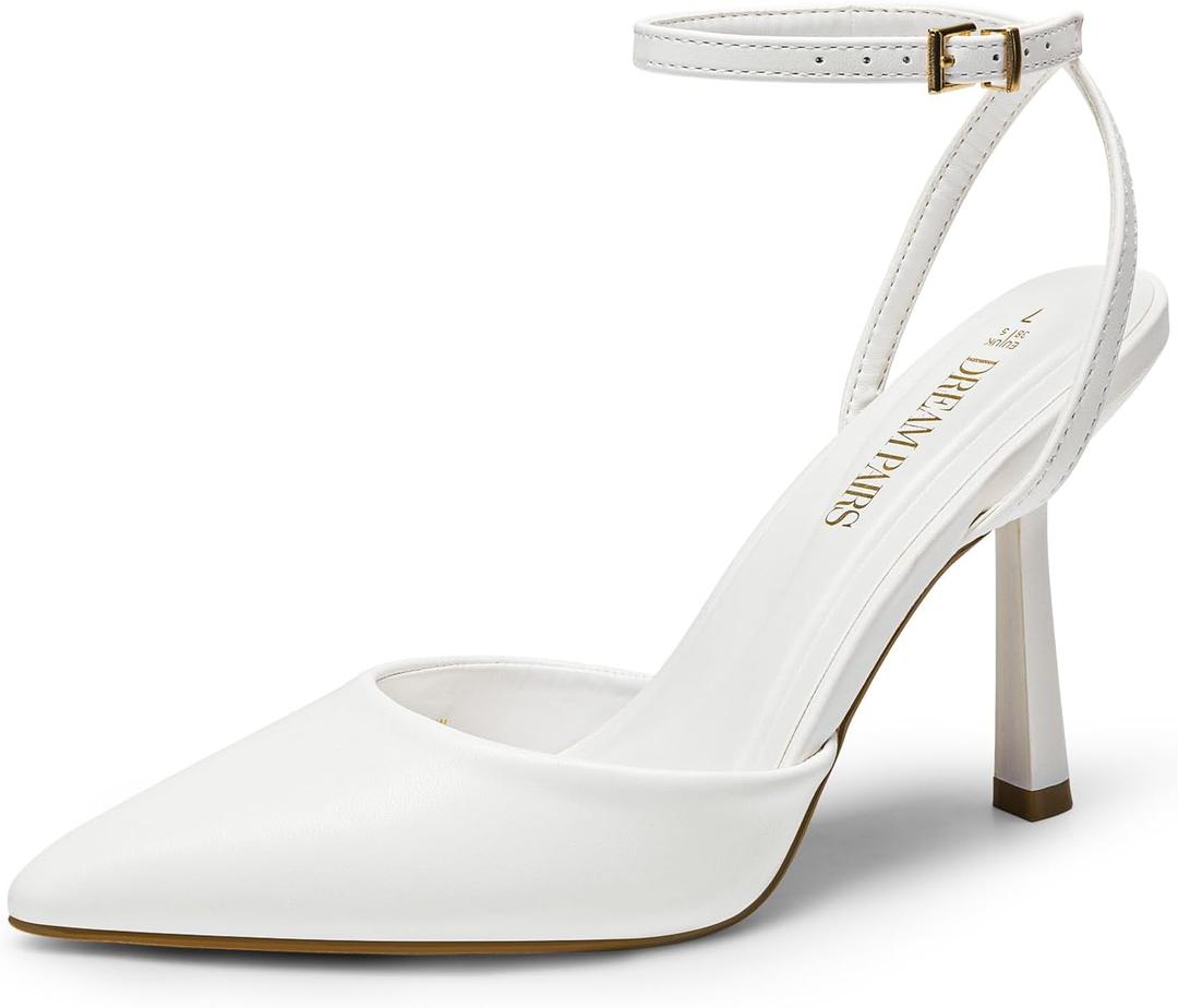 DREAM PAIRS High Heels for Women Closed Pointed Toe Dress Shoes for Women Ankle Strap Stiletto Heel Party Wedding Sexy Pump Shoes (8, White-pu)