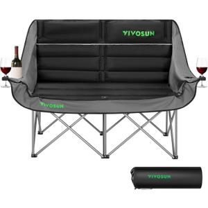 VIVOSUN Double Camping Chair, Fully Padded Folding Loveseat, Oversized Duo Chair with Cup & Wine Glass Holders, Pocket, Armrests & Carry Bag (Black)