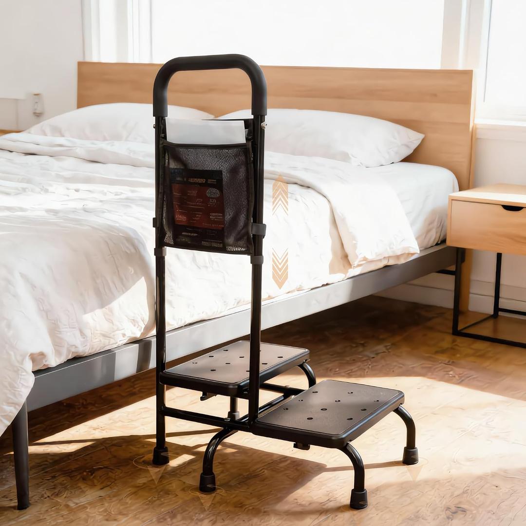 Two Step Stool with Handle for Elderly, 350 lbs Capacity, Heavy Duty Rv Steps with handrail Bed Step for High Beds, Adjustable 5-Level Handrail, Non-Slip Wide Steps, Non-Skid Feet