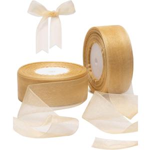 2 Roll Champagne Organza Ribbon 1.5 Inch for Wedding Gift Wrapping, Wedding Invitations, Party Decoration, Crafts