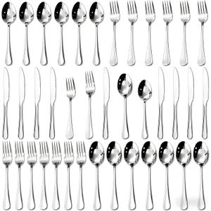 40-Piece Silverware Set for 8, Premium 18/10 Stainless Steel Flatware, Quality Heavy Duty Cutlery Utensils, Mirror Polished Dishwasher Safe Silverware for Home Wedding Housewarming Gift - HIKAA