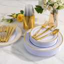 WELLIFE 600 PCS Gold & White Disposable Dinnerware Set for 100 Guests White Plastic Plates with Gold Rim, Dinner & Salad Plates, Cups, Forks, Knives & Spoons for Weddings & Elegant Events