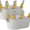 Ice Bucket Galvanized Tub, 2 Pcs 3 Gallon Oval Beverage Tub, Drink Cooler Ice Buckets for Parties, Metal Bucket with Rattan Handle for Beer Whiskey Wine and Cocktails (White) (S: 15.86 x 9.2 x 6 inch)