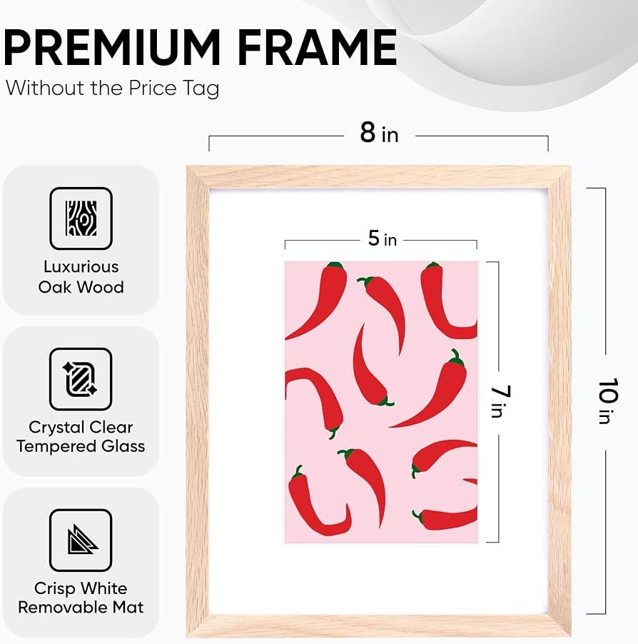 Homeforia Set of 1 8x10 Premium Oak Wooden Picture Frames with 5x7 Mat, Tempered Glass, and Wall Hook Included