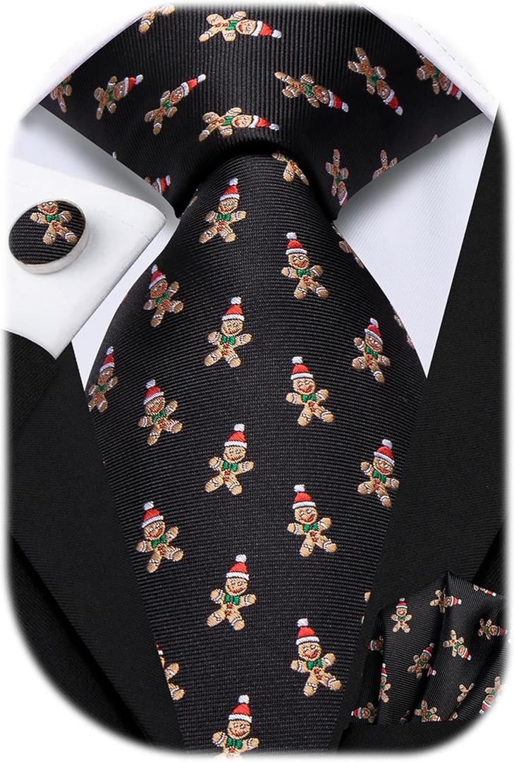 Hi-Tie Christmas Ties for Men Xmas Silk Necktie Pocket Square Cufflinks Set Festival Party Prom (M)