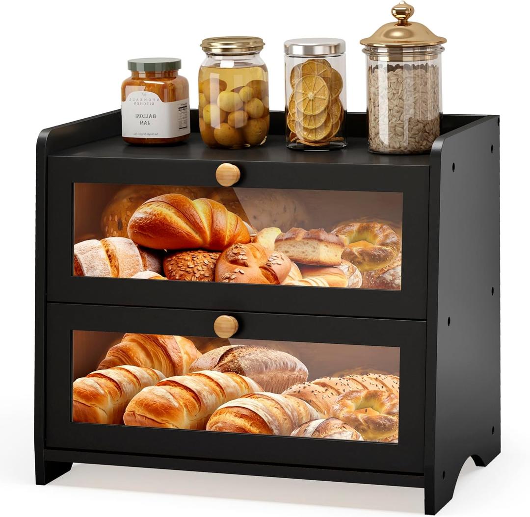 Double Layer Bread Box for Kitchen Countertop, Large Breadbox Bread Container Storage with Windows, Wooden Farmhouse Bread Holder (Black)