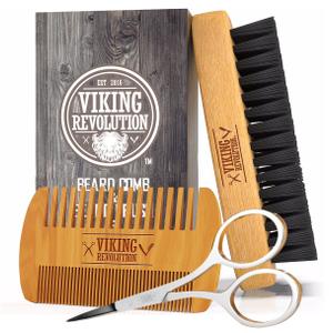 Viking Revolution Beard Comb & Beard Brush Set for Men -- Natural Boar Bristle Brush and Dual Action Pear Wood Comb w/Velvet Travel Pouch - Great for Grooming Beards and Mustaches