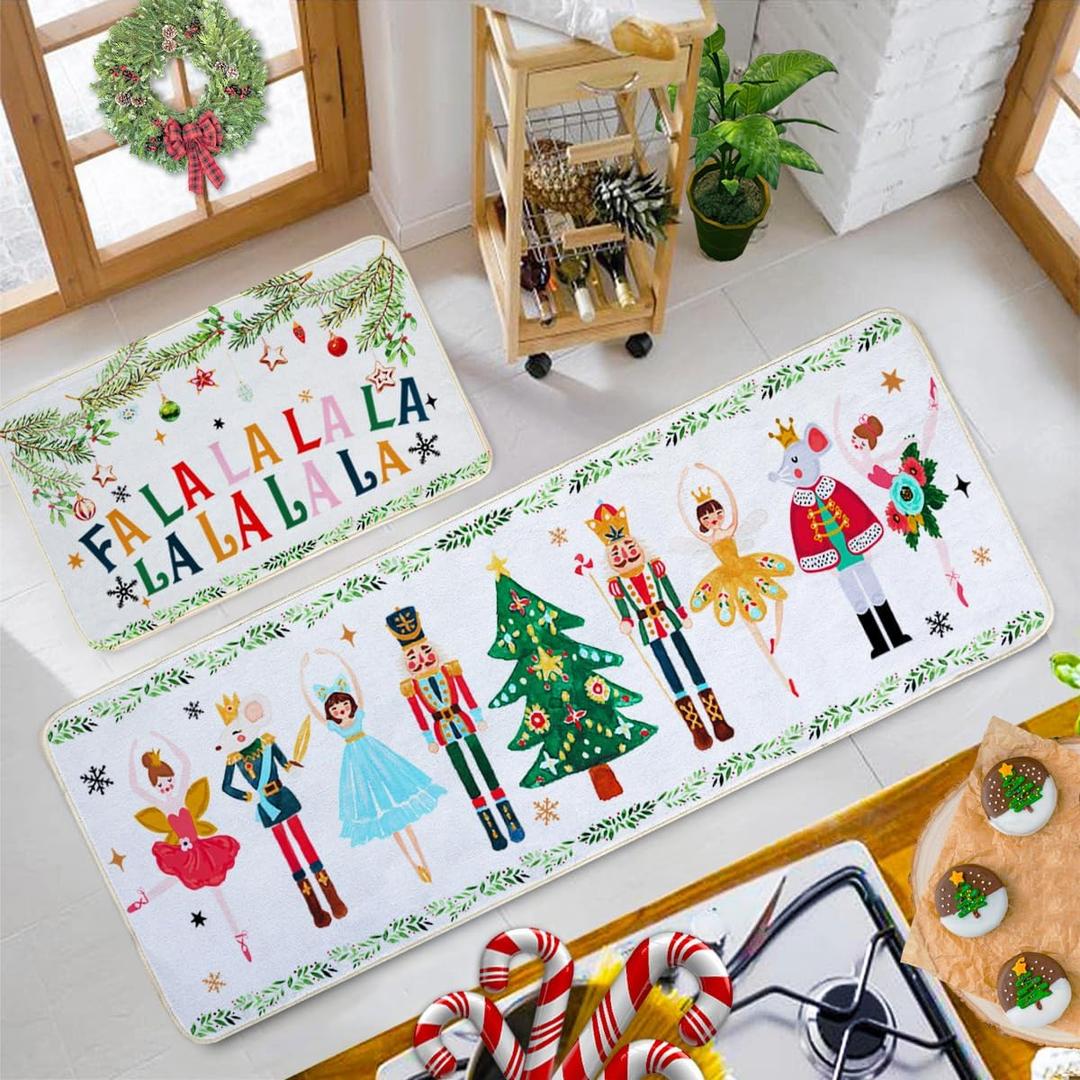 Nutcracker Christmas Decor Kitchen Rugs Floor Mats Set of 2, Nutcrackers Xmas Gifts Indoor Christmas Decorations, Nutcracker Kitchen Floor Mats for in Front of Sink, Non Skid & Washable