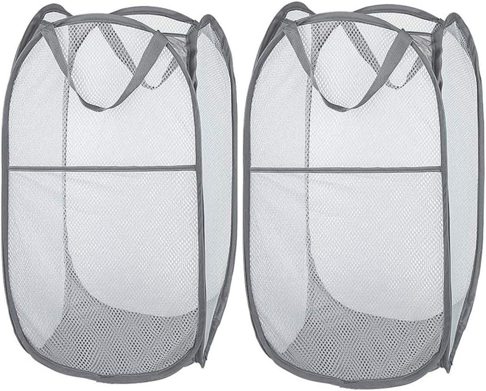 Larpur 2 Pcs Popup Mesh Laundry Baskets, Collapsible and Portable Clothes Washing Laundry Hampers with Reinforced Carry Handles, Gray Clothes Hamper for Home, Travel, College Dorm