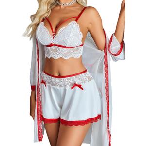 Avidlove Women Sexy Pajamas Set 3 Piece Lingerie Lace Cami Sleepwear and Silk Satin Pjs Sets with Mesh Kimono Robe (Small, White Mix Red)