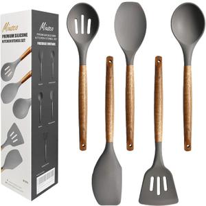 Kitchen Utensils Set, Silicone Cooking Utensils Set, Non-Stick Silicone Spatula Set with Natural Acacia Hard Wood Handle, 5 Piece, Upgraded Thickened Cookware (Gray)