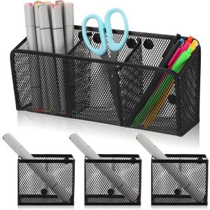 Magnetic Pencil Holder, Locker Shelf Organizer, Metal Storage Basket for Whiteboard, Refrigerator, Ideal Cabinet for School, Black (Pack 4)