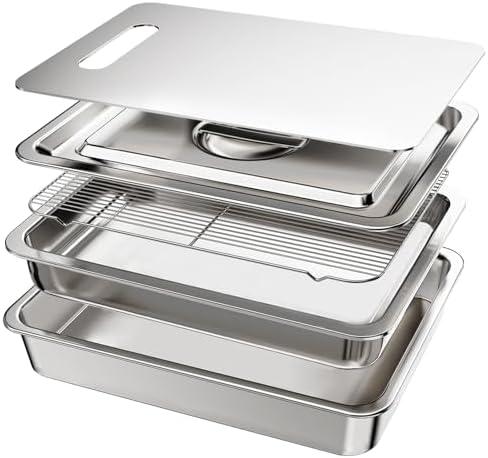 5-Piece Grill Carry System, Large Stainless Steel Grill Prep Trays with Oil Drain Rack, Marinade Container with Lid, Nested Storage, Grilling Prep and Serve Trays, Ideal for Outdoor Grilling