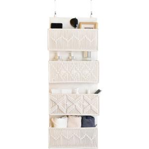 Over the Door Organizer Macrame Boho Nursery Storage with 4 Large Woven Pockets, Hanging Basket for Bathroom, Nursery & Closet Doors, Behind the Door Storage Organizer, Cream White