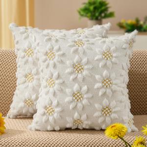 DFXSZ Spring Summer Pillow Covers 20x20 inch Set of 2 Farmhouse Decor Yellow Color Flower Heart Sunflower Soft Plush Faux Fur Jacquard Throw Pillows for Sofa Holiday Spring Home Decor PTK024C20