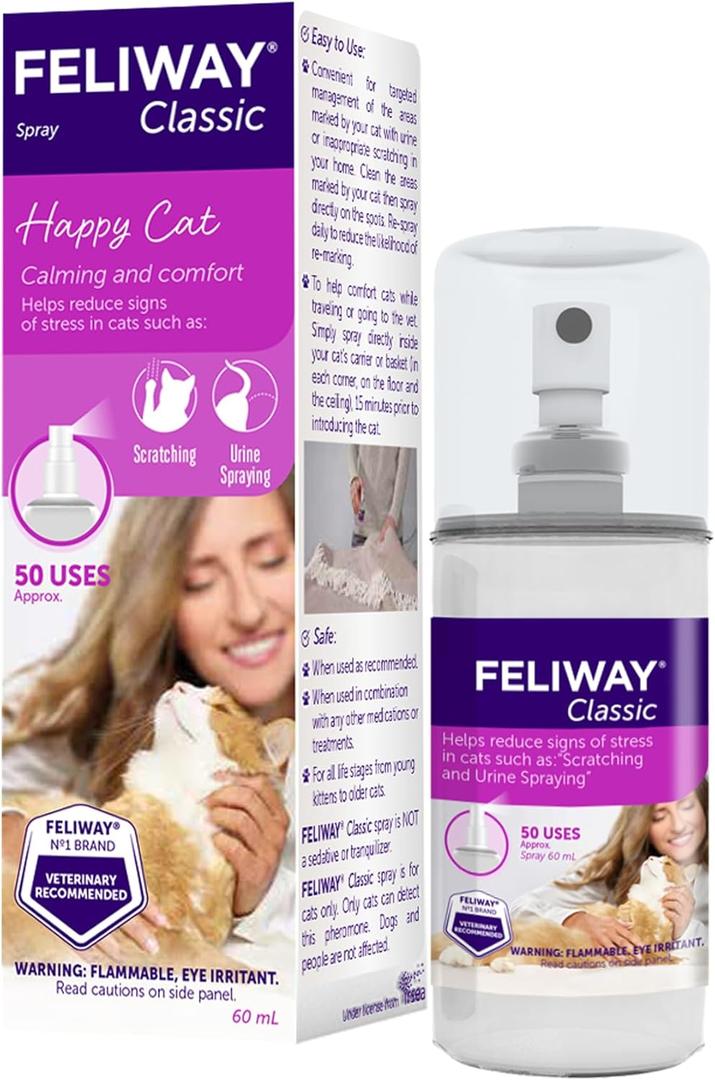 FELIWAY Classic Cat Calming Spray, 60ml - Comforts Cats at Home and On the Go and Helps to Calm During Travel (2 Fl Oz (Pack of 1))