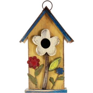 Glitzhome 10.2" H Hanging Bird House for Outdoor Patio Garden Decorative Birdhouse Pet Cottage Distressed Wooden Birdhouse, Yellow Flower