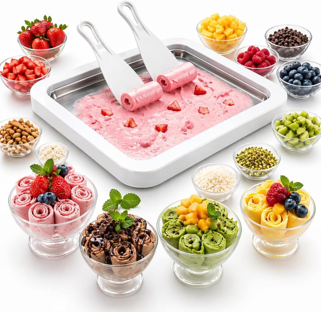 Ice Cream Roller Maker, At Home Rolled Ice Cream Maker Machine, Dairy Free & Frozen Yogurt Maker, Electric Free Countertop Ice Cream Machine with Spade for Rolls, Sorbet & Frozen Yogurt (White)